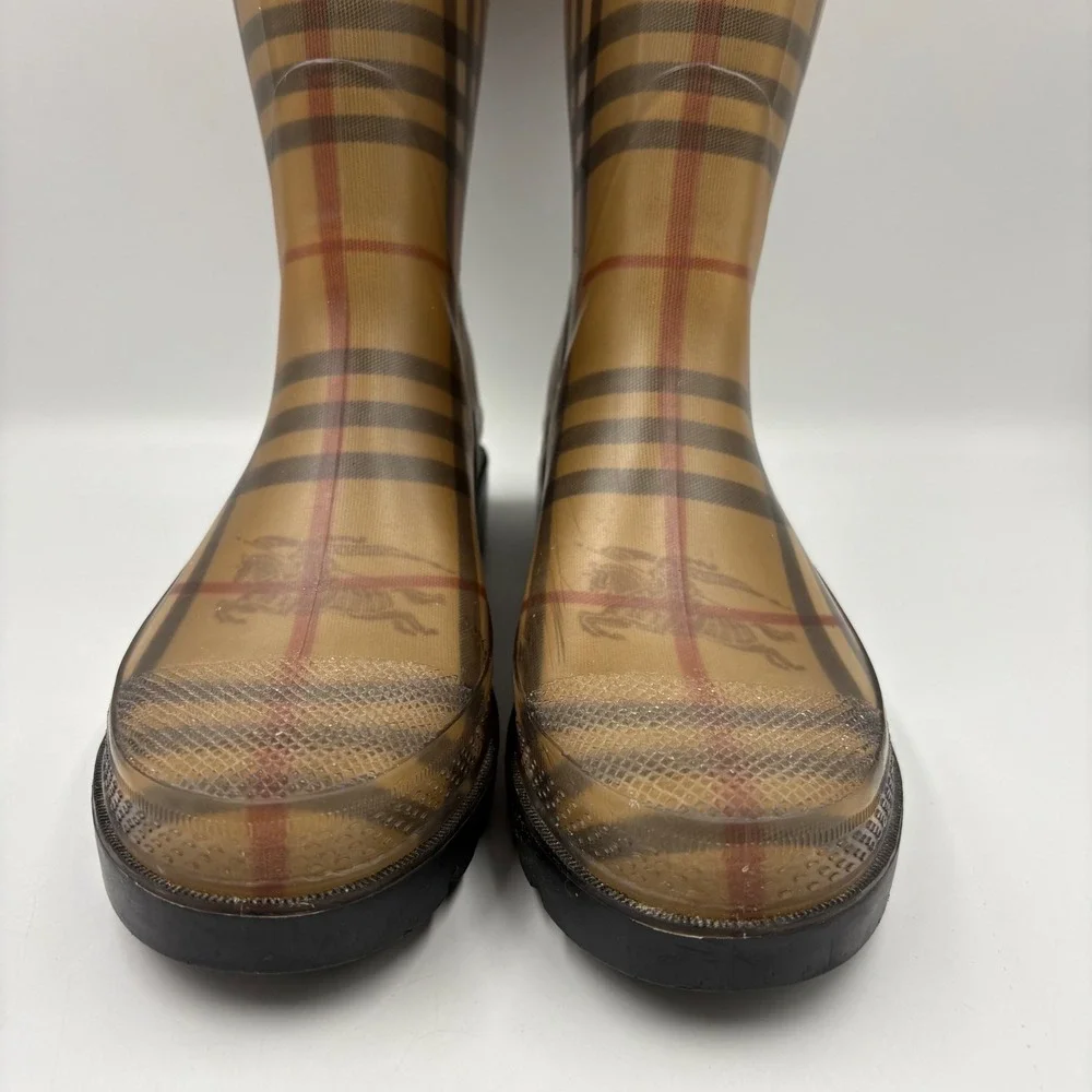 Burberry Rain Boots Women Size 38 Tan Nova Check Tall Haymarket Plaid